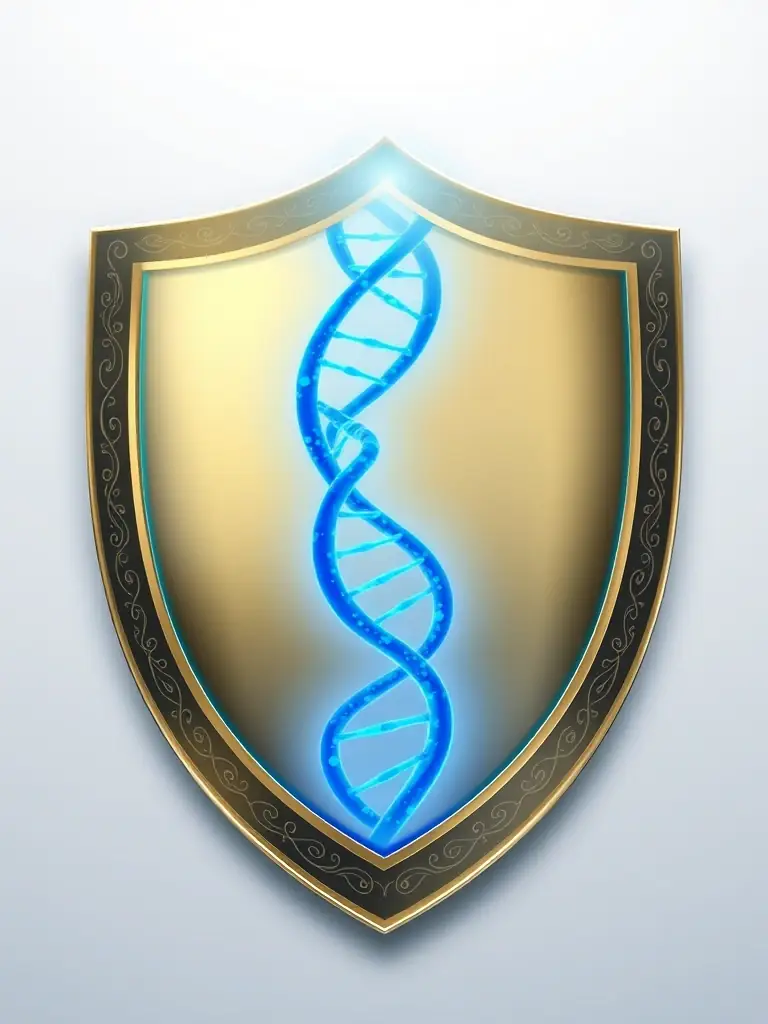 A digital illustration of a shield with a DNA strand inside, representing the protection of life science innovations through Quantum IP.