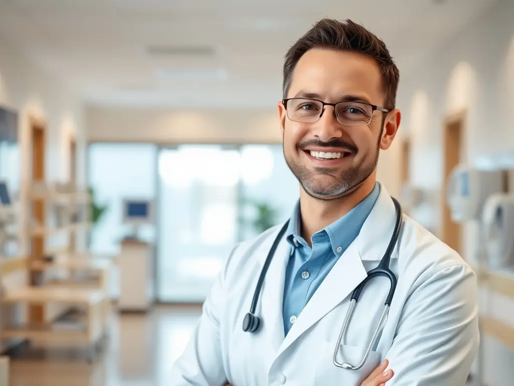 A physician in a lab coat smiles confidently while holding a newly developed medical device, symbolizing the successful patent protection of their innovation through Quantum IP's services.